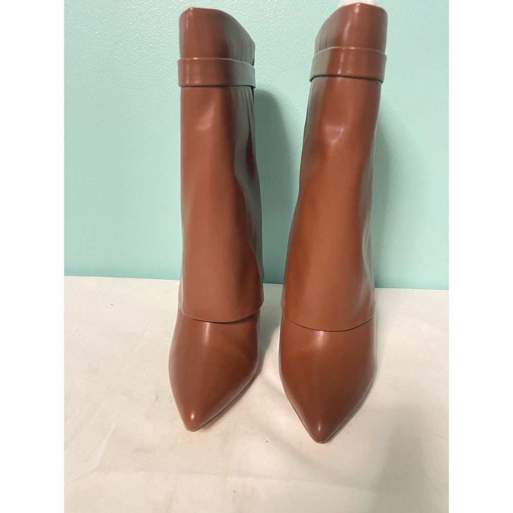 Liliana Brown Faux Leather Pointy Toe Boots Heel Womens Size 5.5
